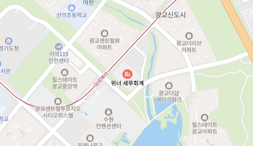 위너세무회계 위치 지도, 광교중앙역과 광교호수공원 인근